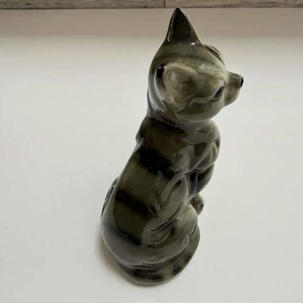 Vintage Bone China Gray Tabby Cat Kitty Figurine MCM
